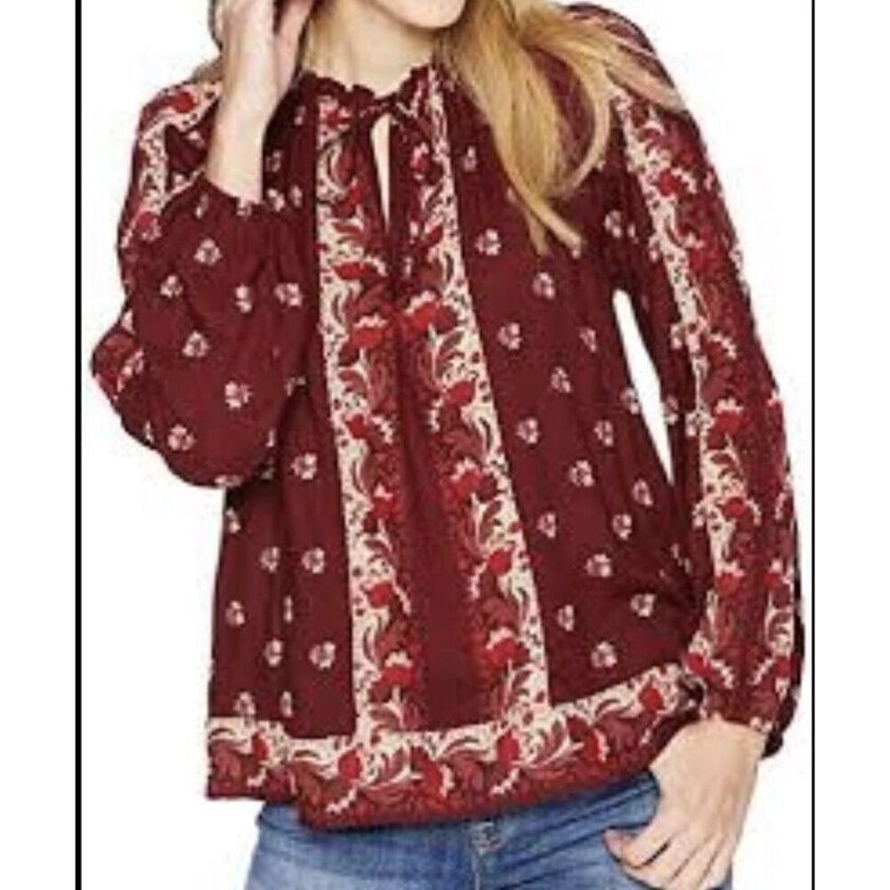 Lucky Brand Womens‎ Medium M Maroon Floral Bishop Sleeve Peasant Boho Blouse Top